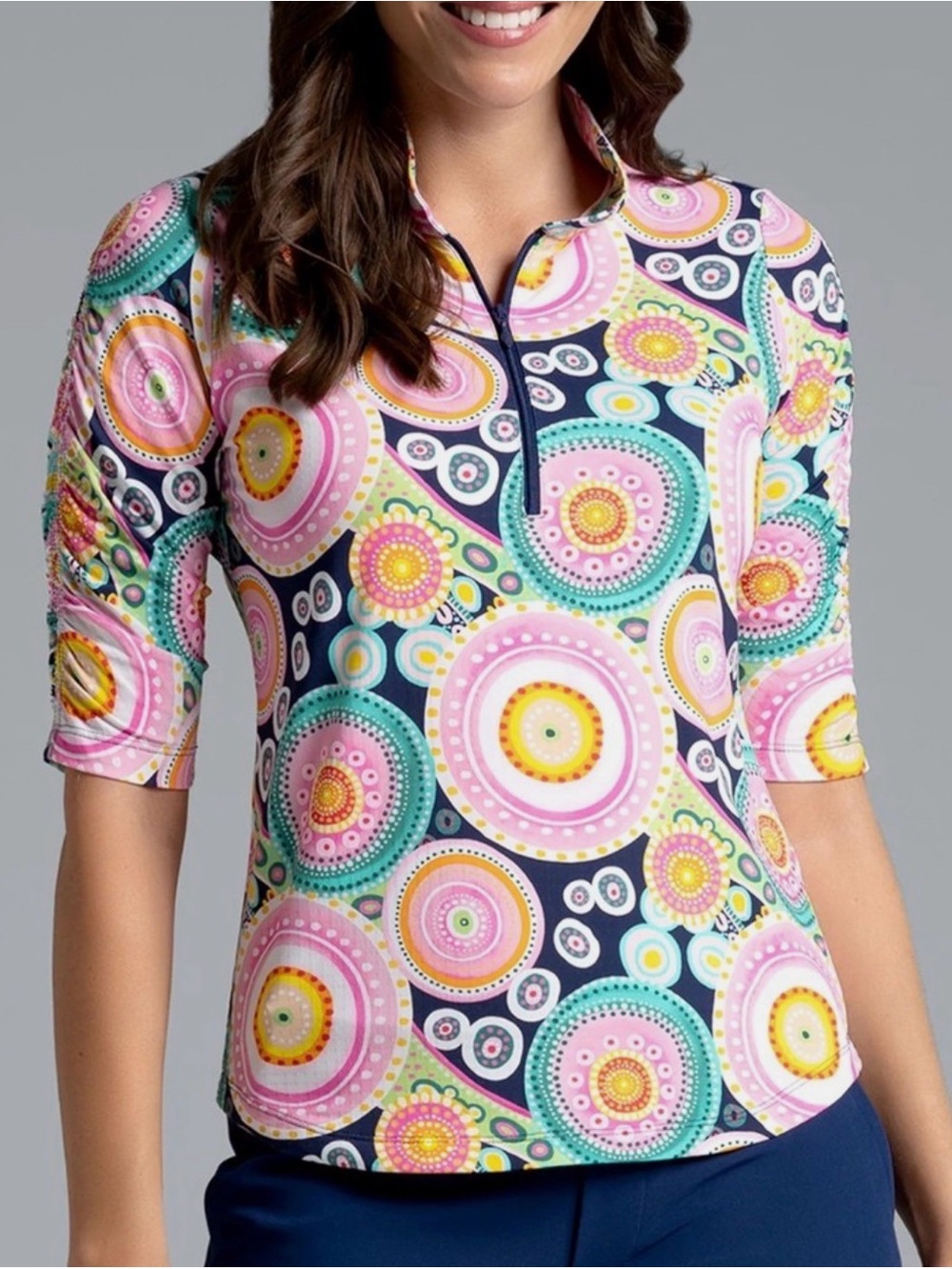 IBKUL Leona Ruched Elbow-Length Golf Top